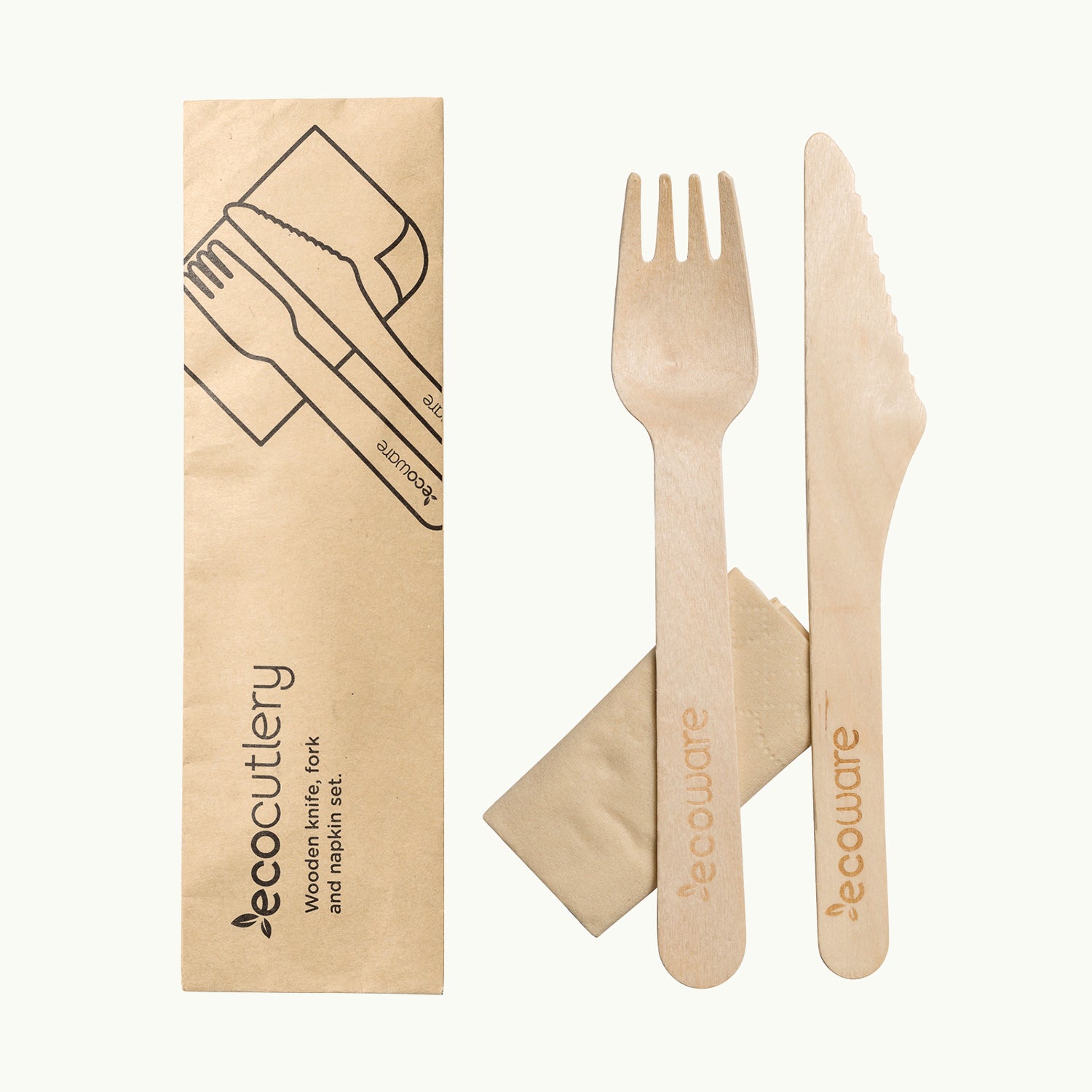 Certified compostable wooden cutlery set with napkin in paper sleeve.